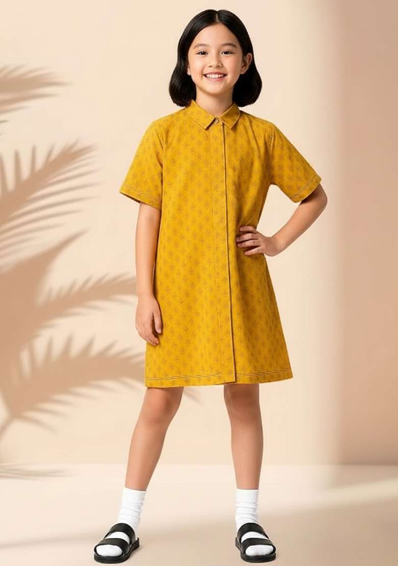 Girls Yellow Brocade Dress - Indya