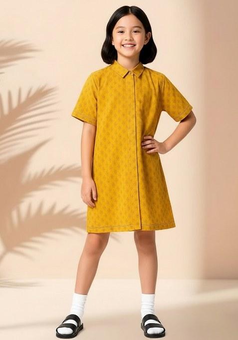 Girls Yellow Brocade Dress