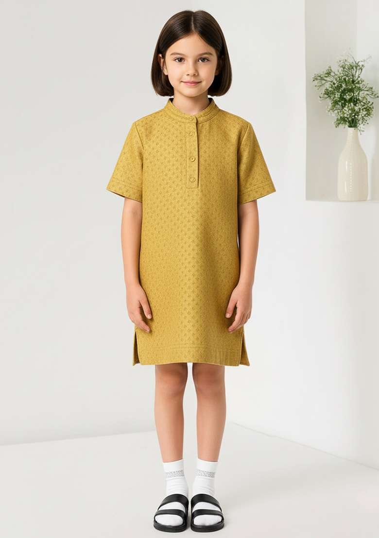 Girls Golden Brocade Dress - Indya