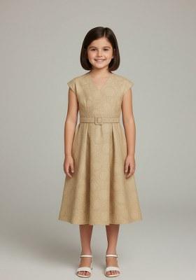 Girls Beige Brocade Dress