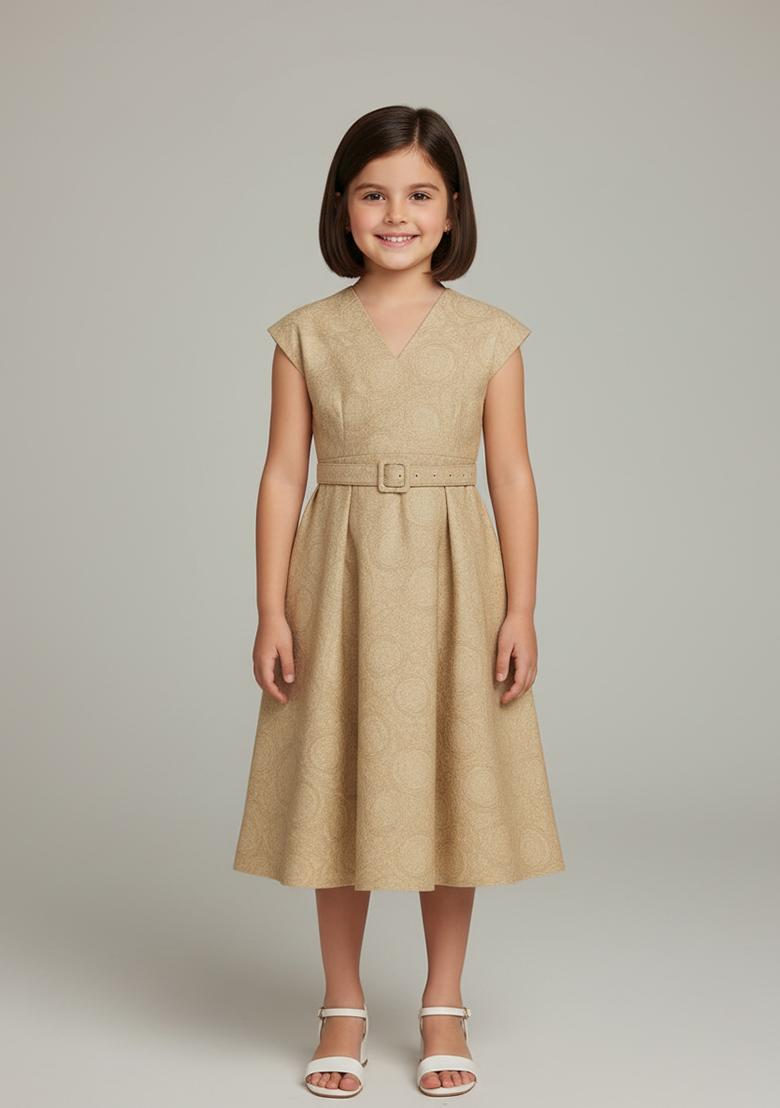 Girls Beige Brocade Dress