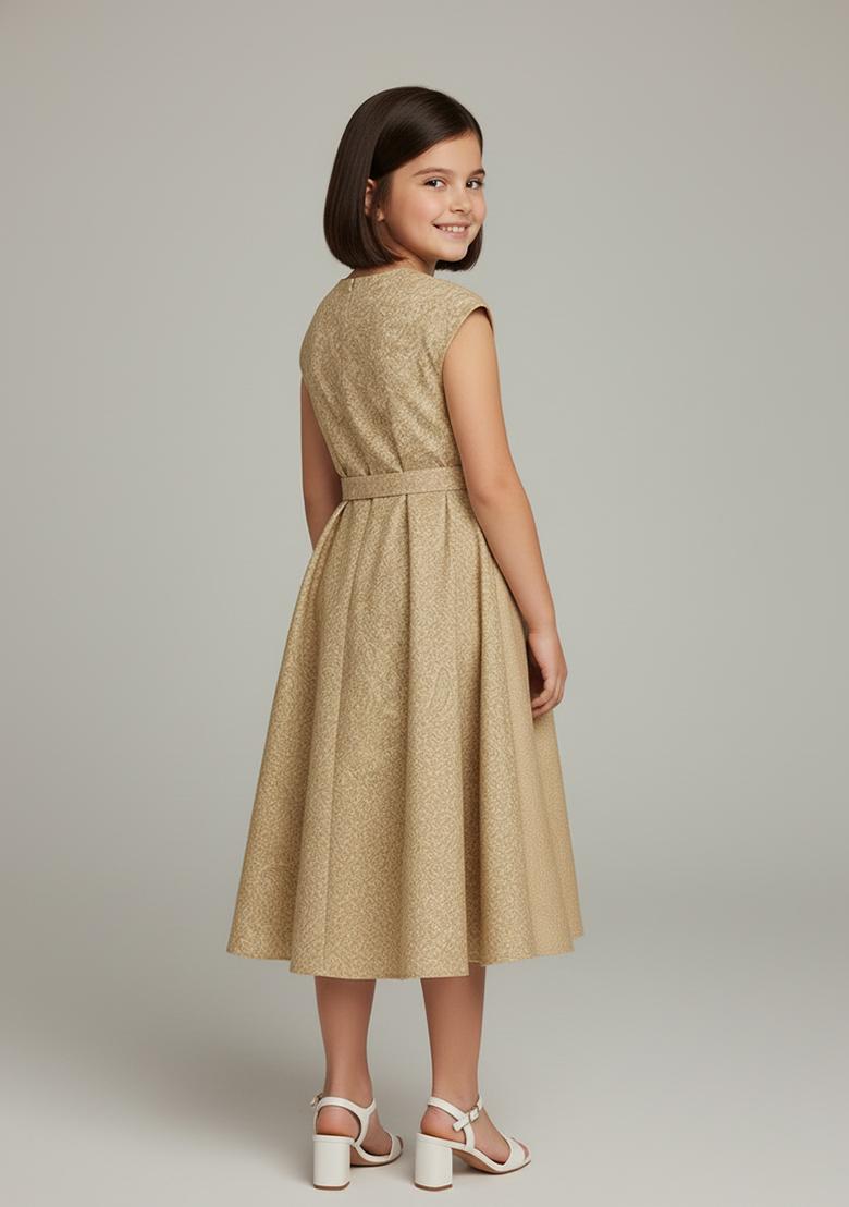 Girls Beige Brocade Dress