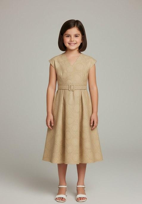 Girls Beige Brocade Dress
