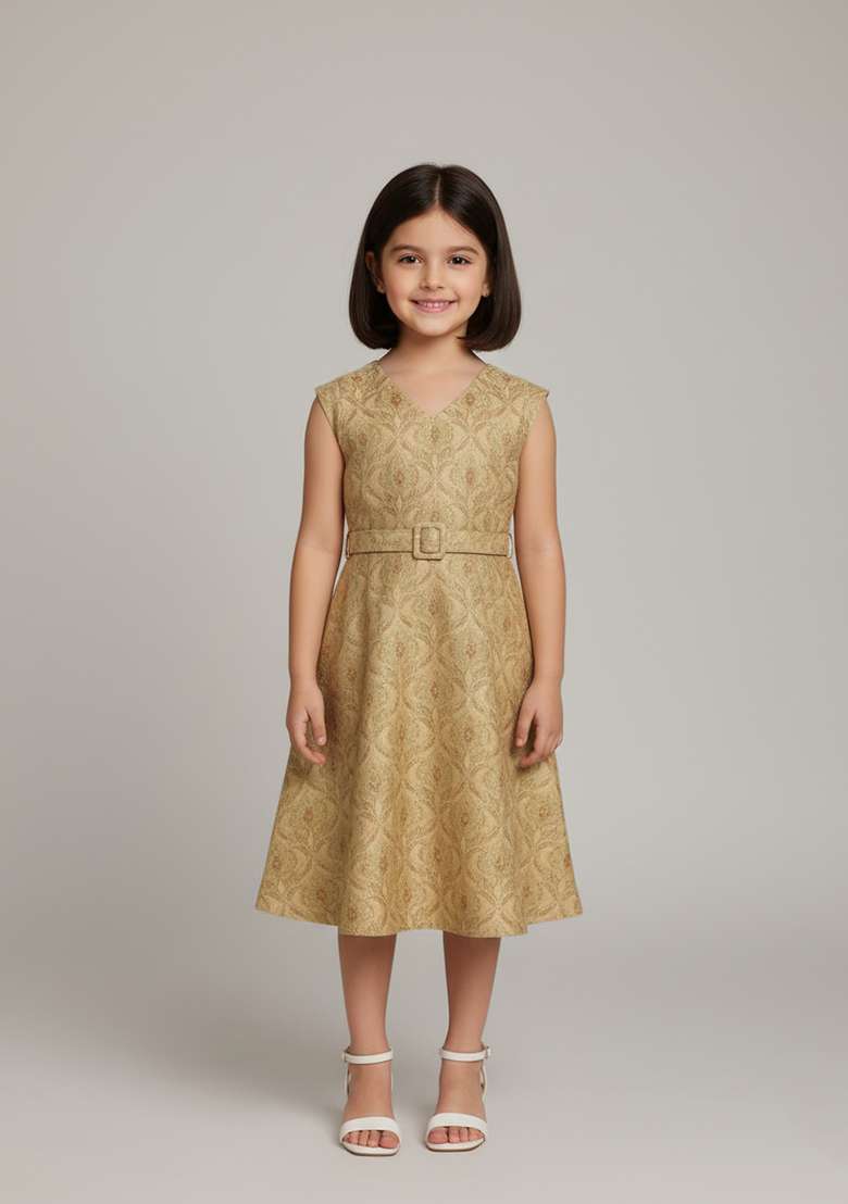 Girls Green Brocade Dress - Indya