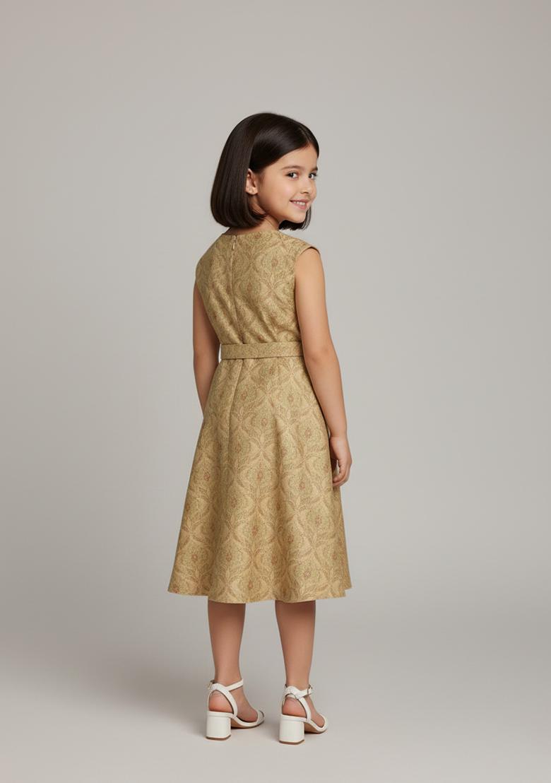 Girls Green Brocade Dress - Indya