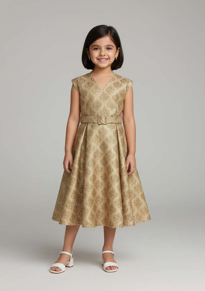 Girls Beige Brocade Dress - Indya
