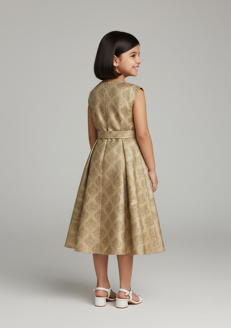 Girls Beige Brocade Dress - Indya