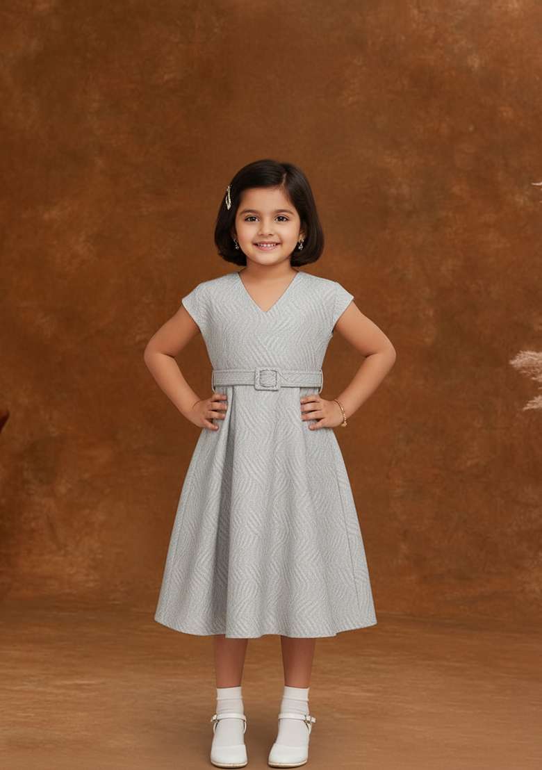 Girls Grey Brocade Dress - Indya