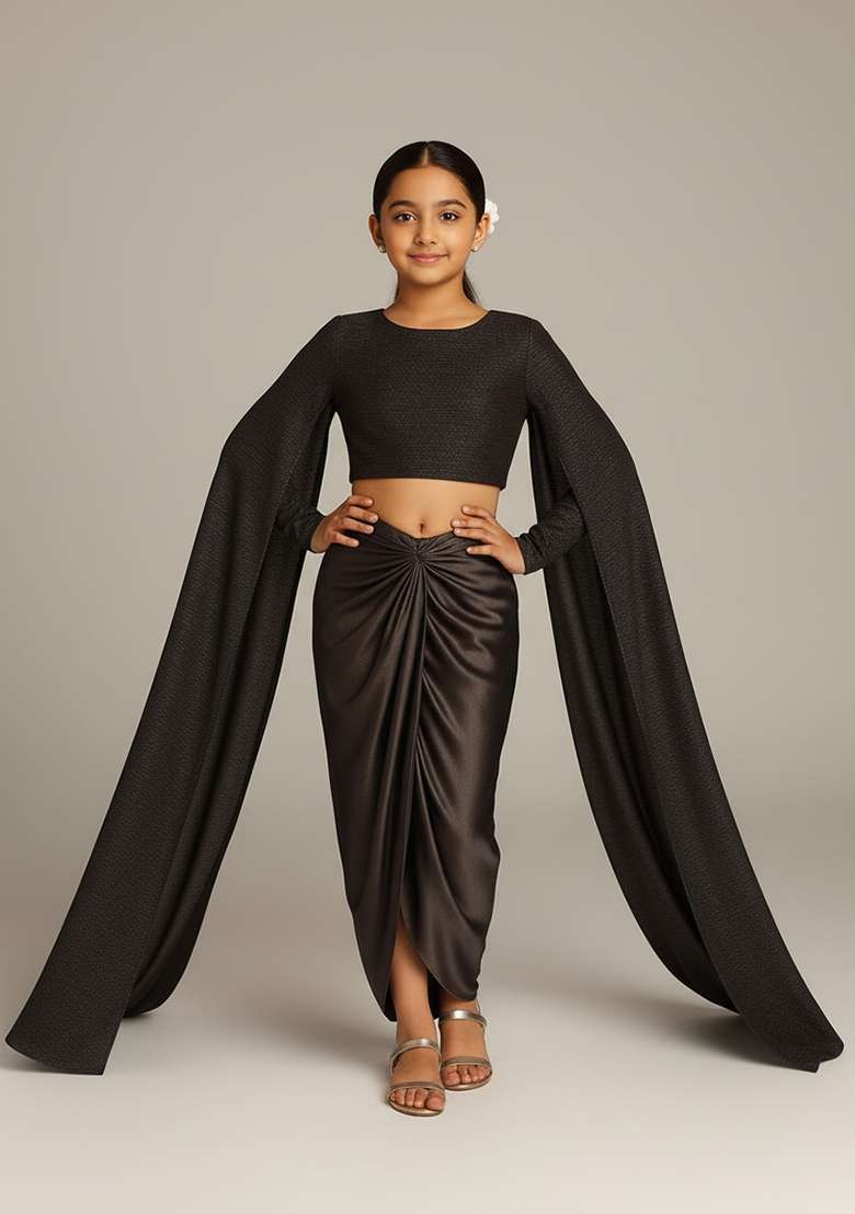 Girls Brown Sequin Knit Fusion Set - Indya