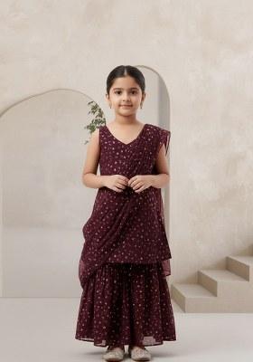 Girls Brown Embroidered Georgette Fusion Set