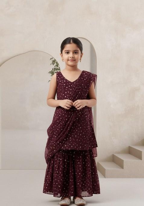 Girls Brown Embroidered Georgette Fusion Set