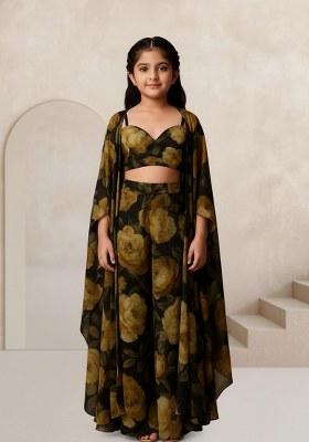Girls Multicolor Floral Print Chinon Fusion Set