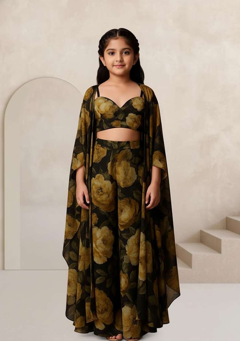 Girls Multicolor Floral Print Chinon Fusion Set - Indya
