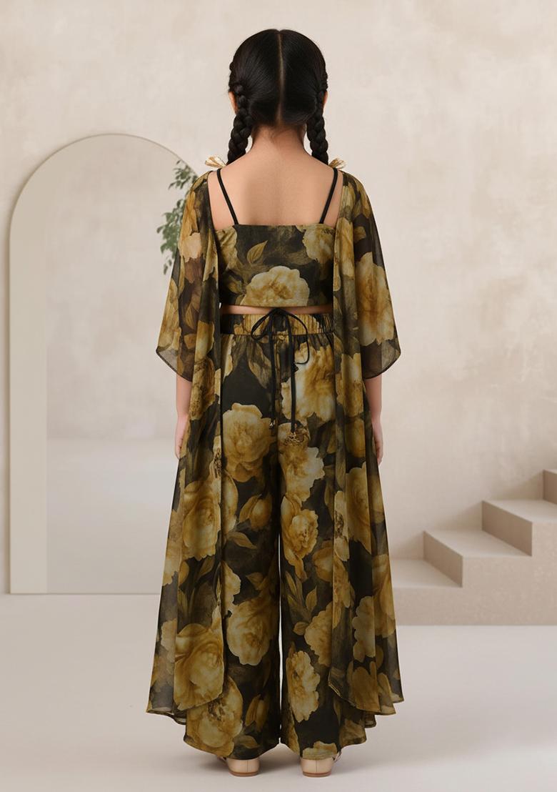 Girls Multicolor Floral Print Chinon Fusion Set - Indya