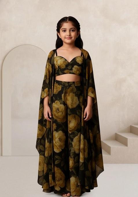 Girls Multicolor Floral Print Chinon Fusion Set
