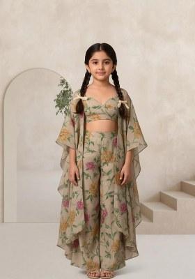 Girls Beige Floral Print Chiffon Fusion Set