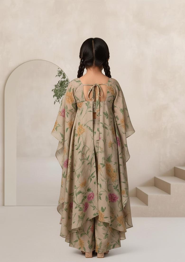 Girls Beige Floral Print Chiffon Fusion Set - Indya