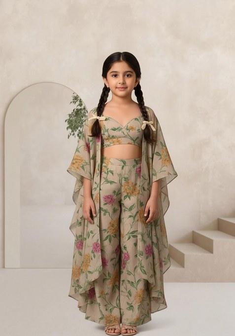 Girls Beige Floral Print Chiffon Fusion Set