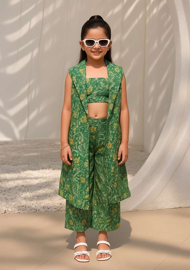 Girls Forest Green Floral Print Dola Silk Fusion Set - Indya