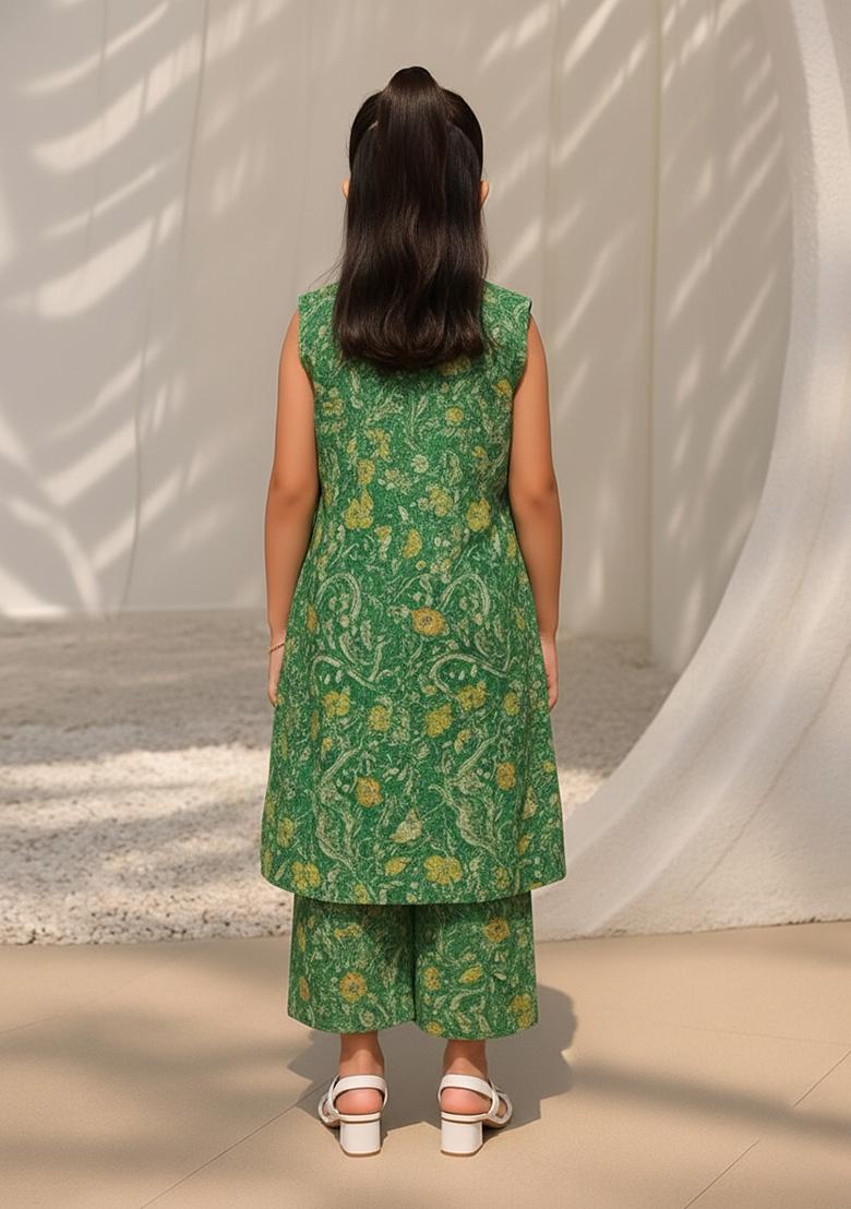 Girls Forest Green Floral Print Dola Silk Fusion Set - Indya
