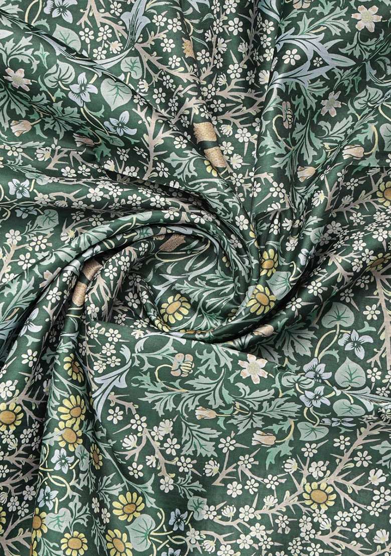 Girls Forest Green Floral Print Dola Silk Fusion Set - Indya