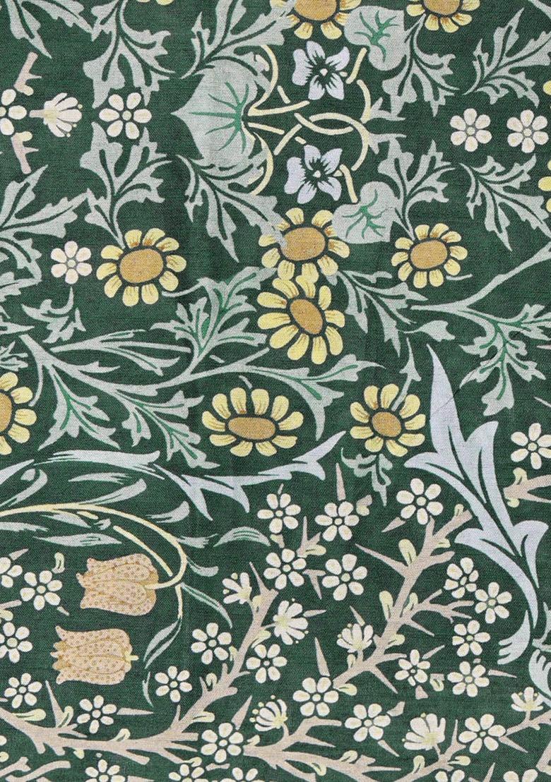 Girls Forest Green Floral Print Dola Silk Fusion Set - Indya