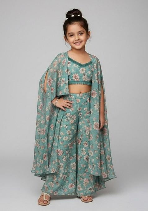 Girls Teal Green Floral Print Fusion Set