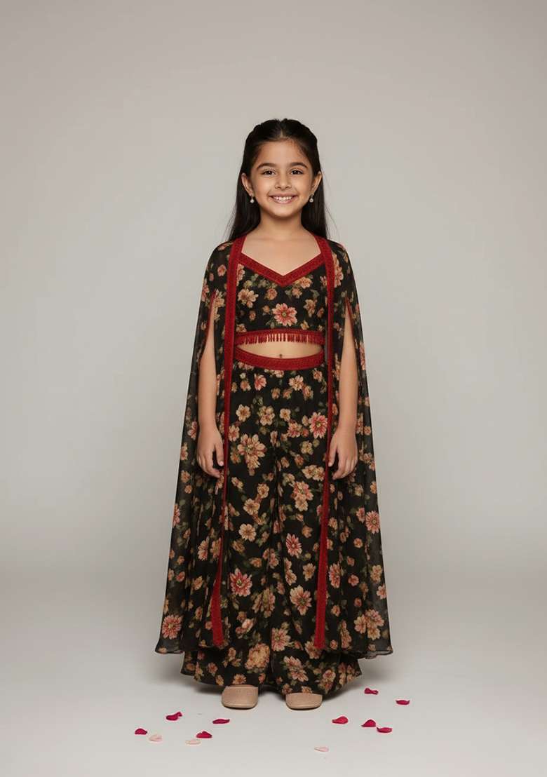 Girls Black Floral Print Fusion Set - Indya