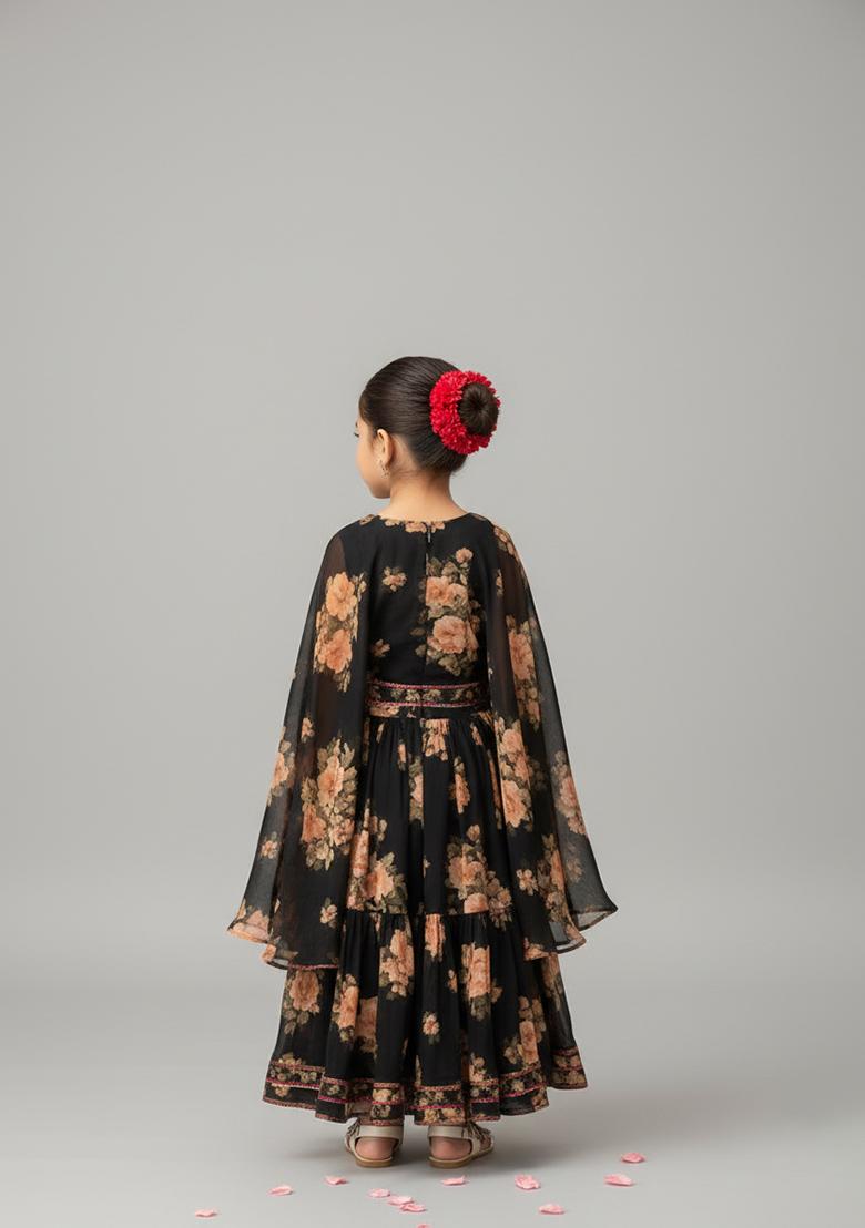 Girls Black Floral Print Fusion Set - Indya