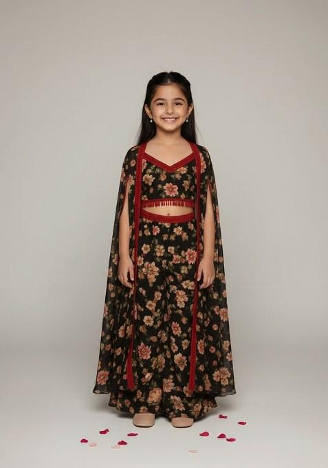 Girls Black Floral Print Fusion Set