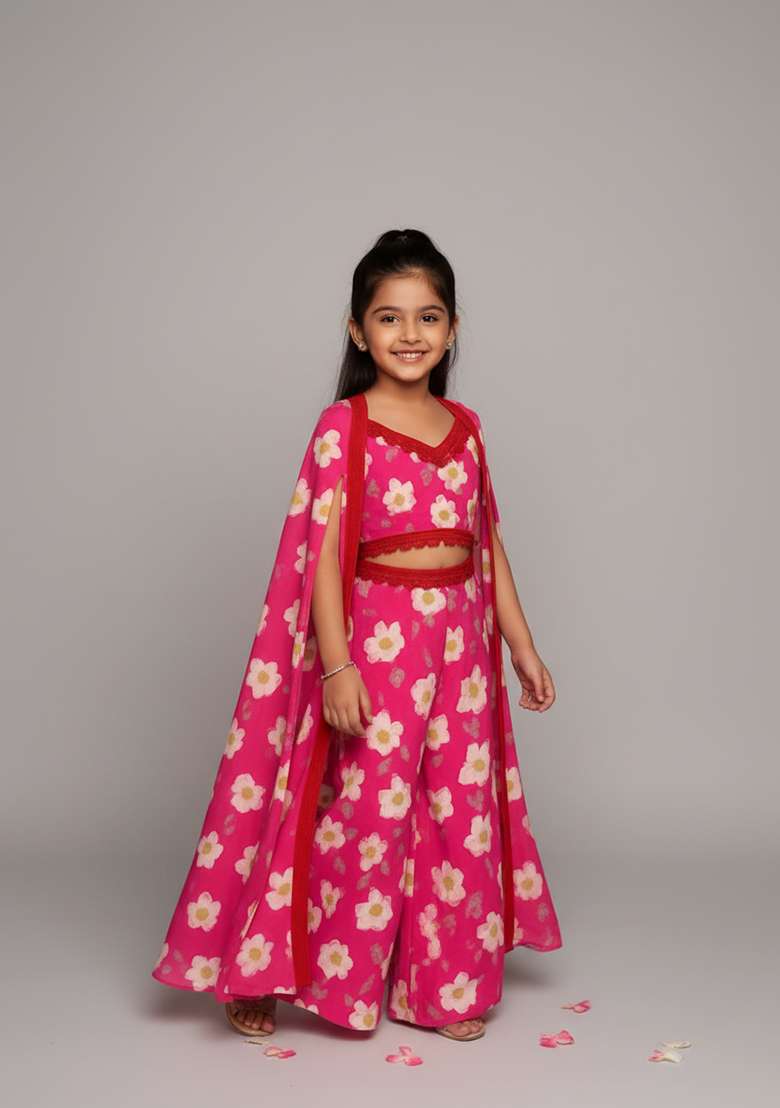 Girls Pink Floral Print Fusion Set - Indya