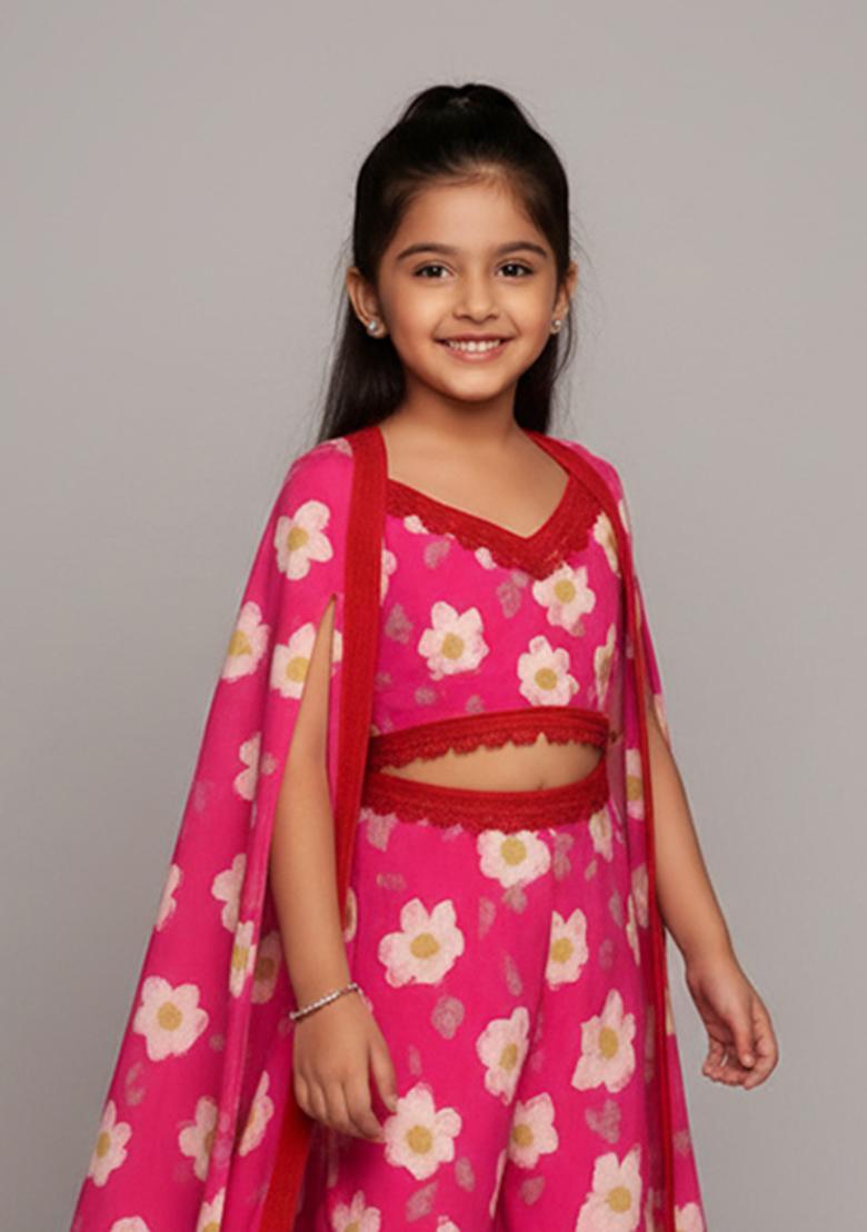 Girls Pink Floral Print Fusion Set - Indya