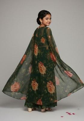 Girls Dark Green Floral Print Fusion Set