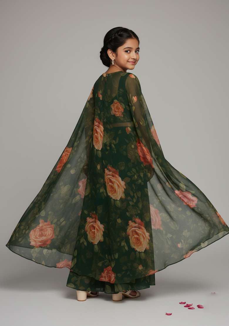 Girls Dark Green Floral Print Fusion Set - Indya