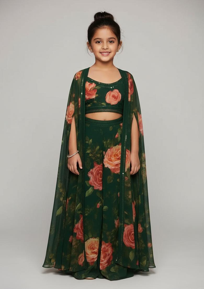 Girls Dark Green Floral Print Fusion Set - Indya