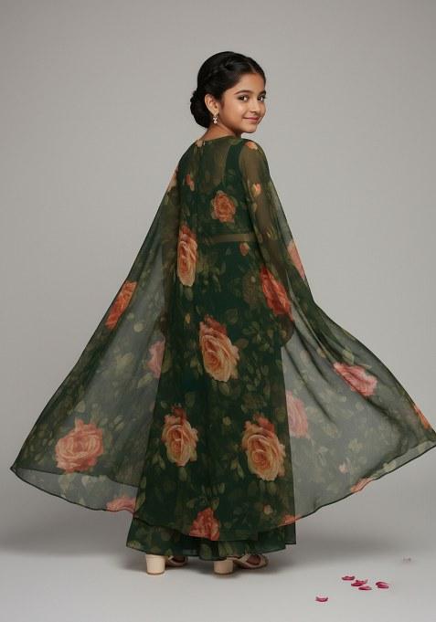 Girls Dark Green Floral Print Fusion Set