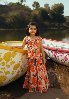 Girls Off White Floral Print Chinon Fusion Set