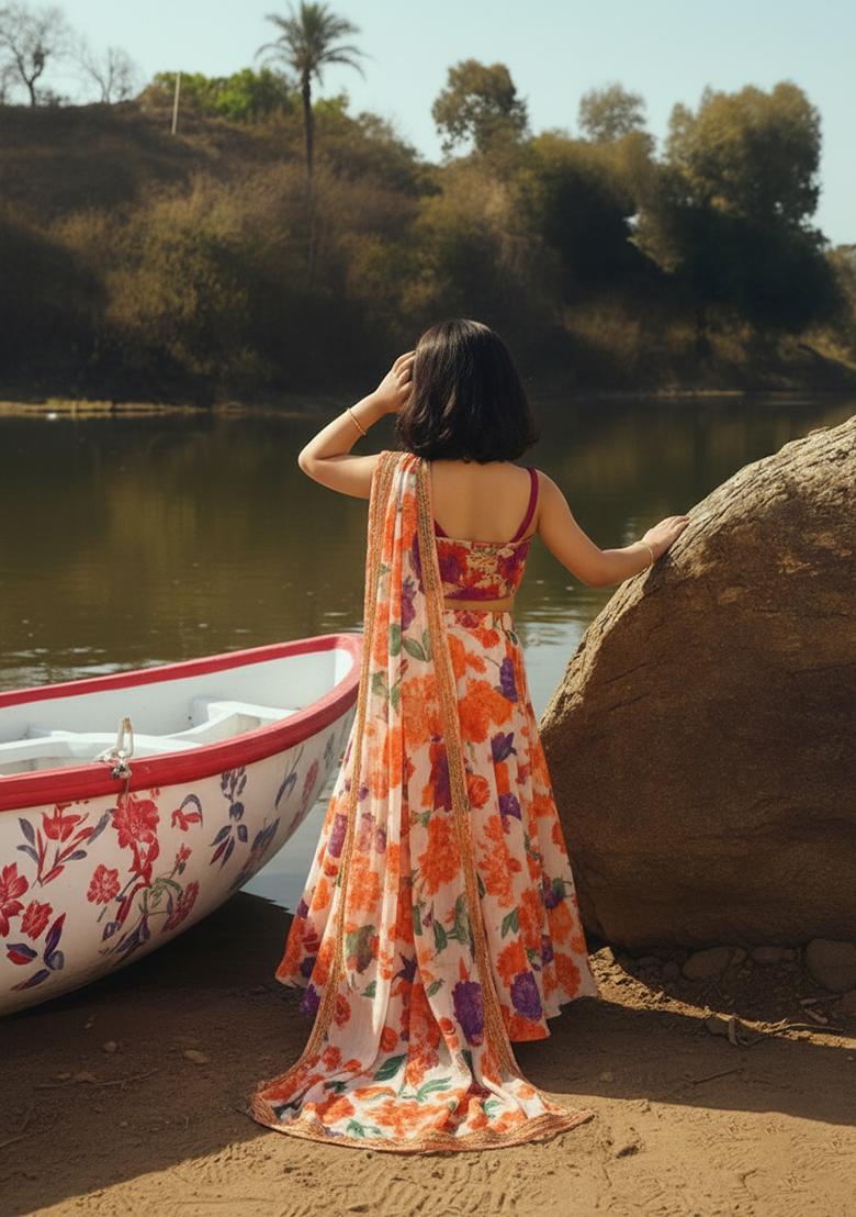 Girls Off White Floral Print Chinon Fusion Set - Indya