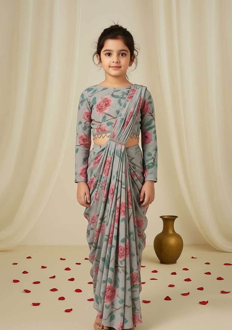 Girls Grey Floral Print Chiffon Fusion Set - Indya