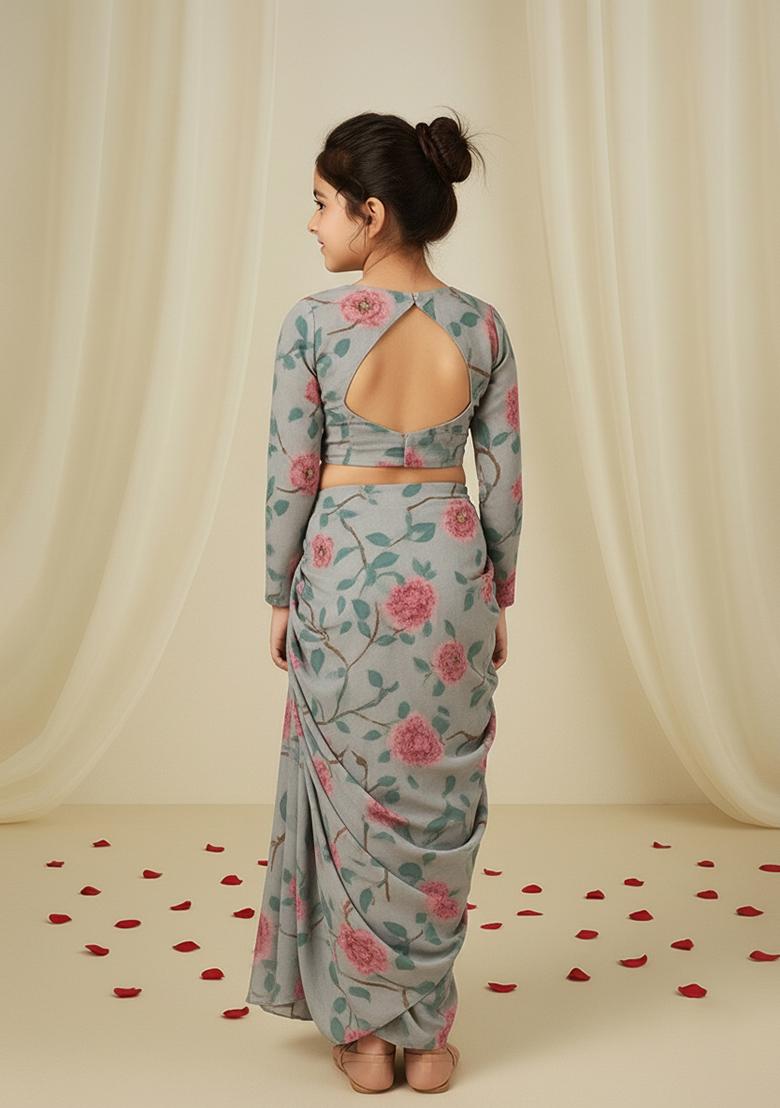 Girls Grey Floral Print Chiffon Fusion Set - Indya
