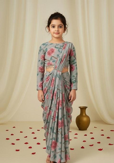 Girls Grey Floral Print Chiffon Fusion Set