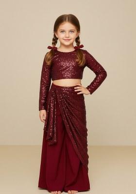 Girls Maroon Sequin Georgette Fusion Set