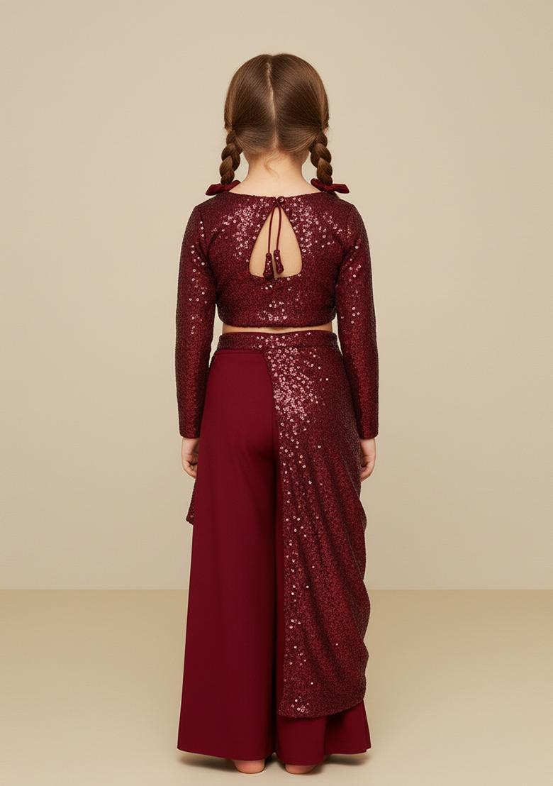 Girls Maroon Sequin Georgette Fusion Set - Indya