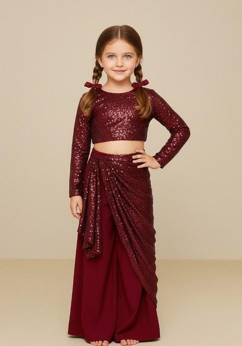 Girls Maroon Sequin Georgette Fusion Set