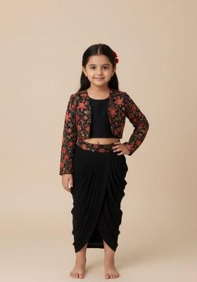 Girls Navy Blue Embroidered Crepe Fusion Set
