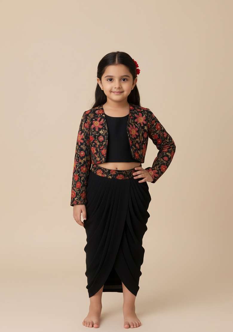 Girls Navy Blue Embroidered Crepe Fusion Set - Indya