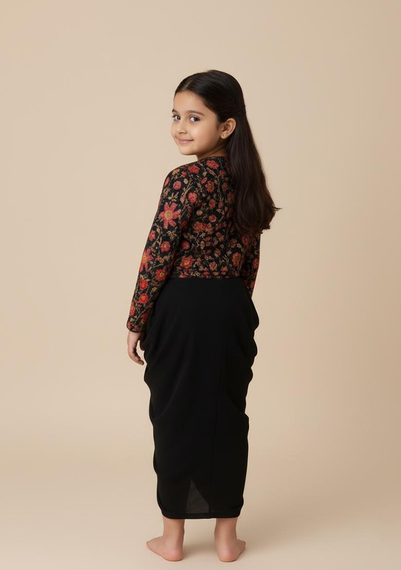 Girls Navy Blue Embroidered Crepe Fusion Set - Indya