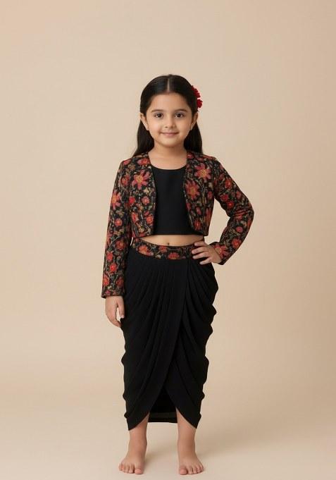 Girls Navy Blue Embroidered Crepe Fusion Set