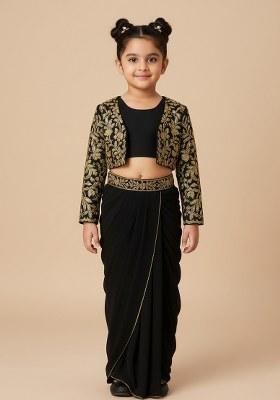 Girls Black Embroidered Crepe Fusion Set