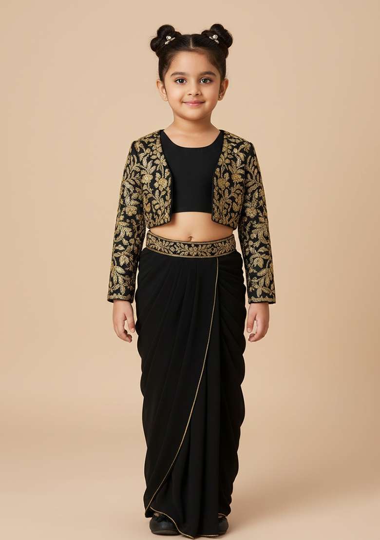 Girls Black Embroidered Crepe Fusion Set - Indya